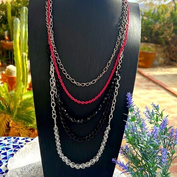 Vintage Jewelry - Long Multichain & Bead Necklace Black White Pink